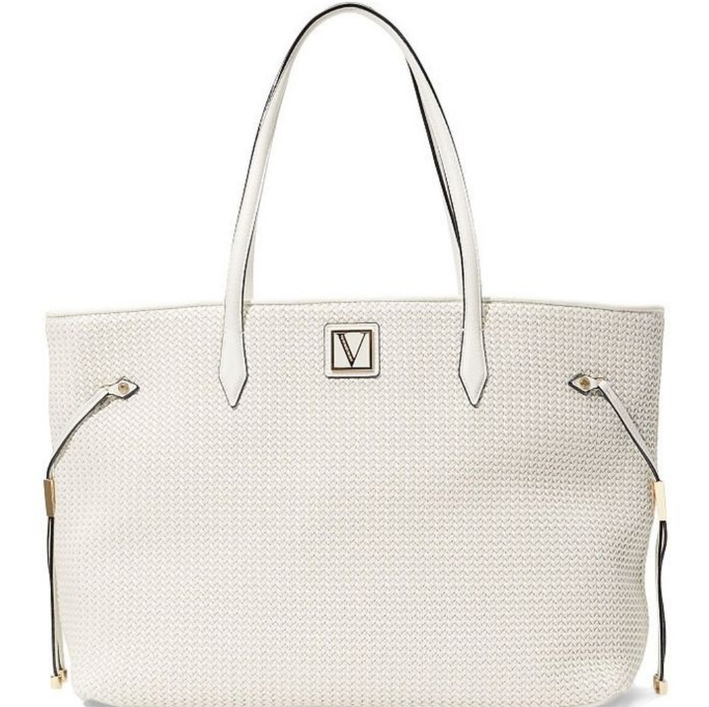 Nip luxury VS ivory faux raffia vegan gold tone v jumbo shoulder bag limited ed - Picture 1 of 8